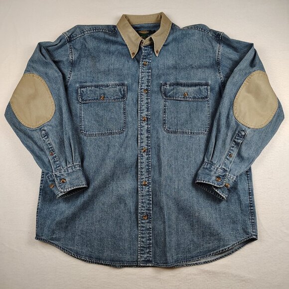 VTG Cabela Blue Cotton Denim Button Down Shirt Elbow Patch Mens Large - Picture 1 of 6
